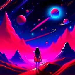 lonely girl in the sky with planets and galaxies ,real synthwave style, with neon and red laser rays and spaceship and mountains