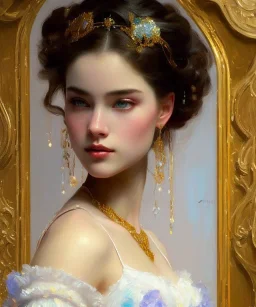 realist impressionist portrait of "The Curious Female" by Ross Tran rework. Masterpiece, best quality, painted impressionist brush strokes. paint drips and drabs and splatters by and by art nouveau and richard schmid . Paint spatters, drips, drabs, dynamic, artstation, artgerm