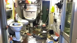 sewage floods bathroom and hallway because of boys playing with clogged toilet while exposed electrical wiring sparks and scares the rats