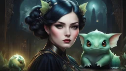 Ultra detailed digital art masterpiece, face portrait, mysterious dark fairy pokemon trainer with a evil Bulbasaur pokemon creature next to her, close to Bulbasaur, detailed pokeball, realistic reflection, Tom Bagshaw, Anne Bachelier, mixed with dark elements, dark environment, very dark night , clean dark velour fairy clothing, three eye liner strokes under her eyes, no make up, natural face, nose piercing, abstract , big shiny eyes, ultra detailed atmospheric details, beautiful glowing effect