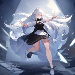 masterpiece, best quality, female, long white fluffy hair, hair between eyes, pointing, wearing a white shirt with a black collar, wearing a black vest, wearing a white skirts, {{{Full body}}}