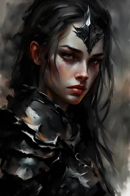 A formidable warrior girl in black armor, on the background Amazing gloomy landscape, flooded with sunset, mountains, trees, fabulous scary hero, , juicy emotions, painting, dark fantasy, gloomy day, dark world, portrait, by Anna Razumovskaya