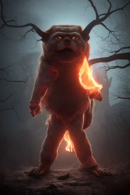 Full body photography of ethereal ANGRY PET , Fire theme art, Dark moody night atmosphere, by Michelangelo, 8K, high body details, anatomically perfect body, oak tree roots, purple, red,