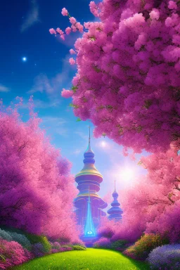 digital illustration, a world full of life divine thrill of biological tranquil sky, flowers, spaceship, , bright color splashes, high detailed 8 k