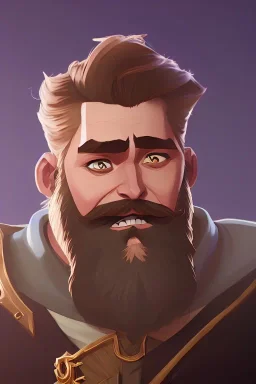 Medieval Fantasy Bearded strong man wearing a thick fur-lined merchant's coat, wearing gold rings, divine, halo, happy smiling, portrait, high definition, realistic, long hair, dynamic lighting, volumetric lighting, mustache, blond, arcane, wise