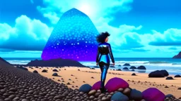 A woman in a catsuit standing on a beach of a rocky coloured crystal-covered landscape with a crashed spaceship in the distance, bright bue sky, white storm clouds