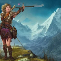 a heroic female adventurer travelling through a fantasy mountain range