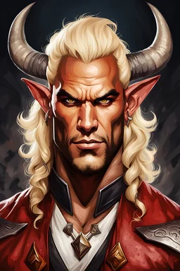 Portrait of The Rock as a blond Tiefling Male with horns