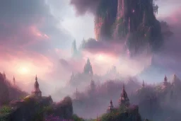 mystical long stairway up to heaven in the sky, atmospheric pink mist, beautiful colours, fine art, trending on artstation, masterpiece