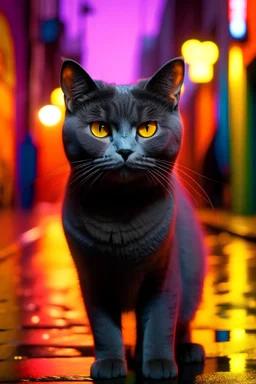 Draw a picture of a british short hair cat with gray fur and orange eyes that is very colourful with pink lighting in a neon alley raining