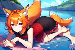 Girl, fox ears, one big fox tail, orange hair, red skirt, river, fox foot ,lies on the shore, purple fox eyes, black T-shirt, wet, happy, fox paws foot