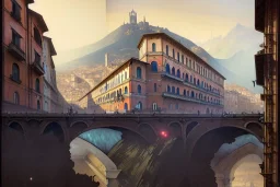 Train under bologna portici +riomaggiore+genoa street+turin+Italian medieval town+Italian city+alphonse mucha, greg rutkowski,matte painting, cryengine, hyper detailed, felix kelly, fantasy art, seb mckinnon