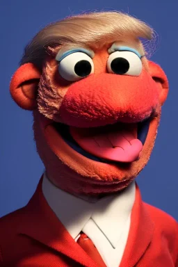 Waist up muppet Portrait, Donald trump as muppet doll, red suit, photo studio, blue background, unreal engine 5, concept art, art station, god lights, ray tracing, RTX, lumen lighting, ultra detail, volumetric lighting, 3d.