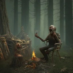 old zombie sitting near campfire, scary, steam punk, realistic, made in octane, cinematic, ultra-realistic, extremely detailed octane rendering, 8K, VRAY Super Real ar 2:3, dof photorealistic futuristic 50mm lens hard lighting dark gray tintype photograph, realistic lighting, sepia color