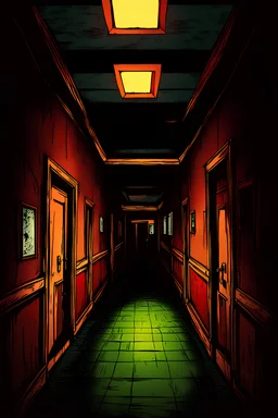A chillingly eerie cartoon-style image depicts a desolate and abandoned hospital consumed by haunting darkness. The flickering lights cast an ominous glow on the Halloween masked killer with a knife lurking in the shadowed corridors. Against a dark background, vibrant and vivid colors intensify the sinister atmosphere. This high-quality image, resembling a haunting painting, showcases every eerie detail meticulously, immersing viewers in the macabre narrative of a forgotten place.