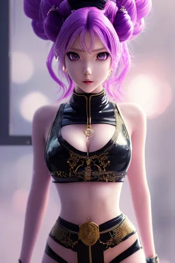 Detailed cute anime Kunoichi girl, purple hair buns, purple bangs, black latex bodysuit, intricate details, full body portrait, keep head in frame, slight smile, black Japanese motif, concept art, highly detailed, digital painting, concept art, sharp focus, illustration, art by Yoji Shinkawa, WLOP and greg rutkowski and alphonse mucha and artgerm and yanjun Chen and Junji ito and Makoto Shinkai, HDR, octane render