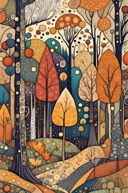 random color Zentangle patterns in the styles of Gustav Klimt ,Wassily Kandinsky, Paul Klee, and Kay Nielsen that depicts a a remote autumn forest glade, with fine ink outlining