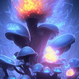 Spherical Frost metal magic armoured lightning Mycelium giant blob MUSHROOM flower stars SPACE lANDSCAPE BURNING IN BLUE FLAMES hellfire abyss math chaos runes