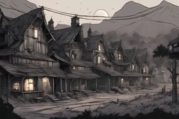 Side view, concept art, village of living dead at night, lots of detail