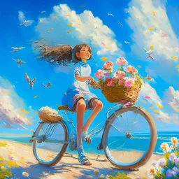 A girl is riding a bicycle on the beach. His cat is sitting in the front basket of the bicycle. Spring flowers can be seen everywhere. Beautiful blue sky with white clouds - kites in the sky. sense of peace. digital art, oil painting, 8k, full details, colorful, high resolution