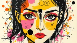 A mixed media collage featuring an abstract female figure with expressive eyes, adorned in vibrant patterns and symbols that evoke emotion., focus on face, isolated background, color splashes, scribbles, pen strokes, collage style, mixed media collage, scrapbook aesthetic, yellow-orange black purple pink white tones, vintage paper textures, hand drawn elements, playful use of shapes, bold shadows, whimsical atmosphere, textured brushstrokes, monochromatic palette, light pastel colors --ar 1:2 --
