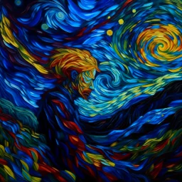 Dark and abstract depiction of a mental crisis, using oil painting style inspired by Vincent Van Gogh's "Starry Night", with chaotic brushstrokes and vibrant colors to convey the intensity of emotions. The central figure is a distorted self-portrait of the artist, surrounded by swirling clouds and ominous shadows.