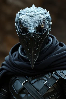male lizard with jet-black skin, eyes like faceted crystal, wearing full leather armor, a black cloak and a full mask