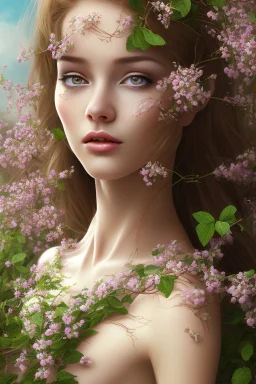 very nice real face beautiful sexy roman with make up standing in garden of Pomegranate and pear trees blossom, The almond trees wither, It's spring and it's summer, spring with green plants covering ground.