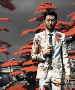 an abstract painting of rusted metal and flowers, Japan style, 8K, a Highly detailed stunning portrait of Dom man holding a submissive woman by the chain, realistic face, white suit, beard, and short hair, bad boy