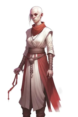 full length, gangly, 22-year old, shaved head, nordic looking grey-eyed female human cleric with a red necklace, no face markings