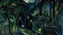 A black savage jungle at nighttime painted by Edvard Munch