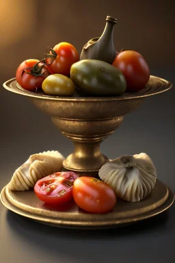 renaissance style still life Of Ravioli dish by with natural tomato, albahaca, olives, olive oil. moisture, art, natural, ornaments, marble, gold, high kitchen, smooth, gradient color background, unreal engine 5, ray tracing, RTX, lumen lighting, ultra detail, volumetric lighting, 3d.