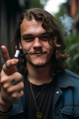 mean lookin' guy with a mullet pointing his hand like a gun at the camera while he smokes a burning cigarette and does cuernos with his other hand