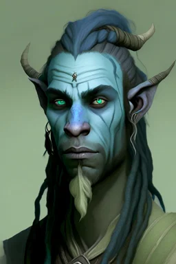 A tieffelin with blue skin and white Dreadlock hair. His pupil-less eyes are green. He wears a small beard. His horns are black and curved backwards. He wears a beige tunic.