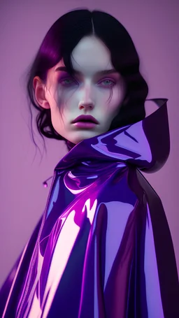 painting by koson ohara and marta bevacqua, portrait of a sensual beautiful goth woman with long black hair, wearing a plastic raincoat, purple neon lighting, 8k, high quality, highly detailed