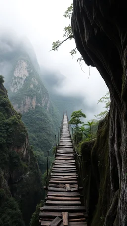 A wooden bridge between two mountains peaks in the Amazon side view , , below is a huge wood top view , foggy, misty , adventures