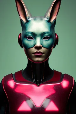 Medium Close Up Portrait, Front image. cyberpunk, rabbit mask, Asian woman, pink short hair. latex suit. Red, black, gold, color. Ghost in the shell style. Color background, photo studio. Avatar image, highly detailed, concept art, smooth, unreal engine 5, god rays, ray tracing, RTX, lumen lighting, ultra detail, volumetric lighting, 3d, finely drawn, high definition, high resolution.