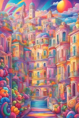 Lisbon city, Lisa Frank style, art deco