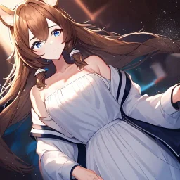 Clear focus, High resolution, Long fluffy brown hair, blue eyes, wearing a white skirt, detailed outfit, wearing a jacket oversized off shoulder, rough line, hair above ears, dog ears, off shoulder white shirt, chopped bangs, parted hair, medium locks straight