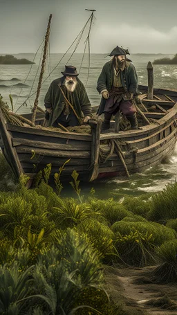 Two pirates pushing to the ocean An abandoned boat covered with see weeds