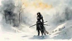 A female warrior in black armor on the background of a cold snow-covered country, ice and crystal, frost and snow,, light watercolor sketch, by Leonid Afremov & Benedick Bana & Atelier Olschinsky & Ian McQue