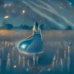a young woman in a sleeveless dress in a field at night with lots of stars, looking at a UFO