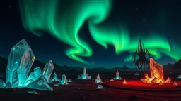 A stunning aurora borealis stretching across a dark, alien desert, with massive crystal formations glowing in the foreground and strange, towering creatures in the distance. Photographic quality and detail, award-winning image, beautiful composition.