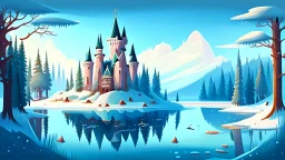 cartoon illustration: a large beautiful frozen lake and next to the lake is a magical castle. The castle is on a hill, surrounded by pine trees.