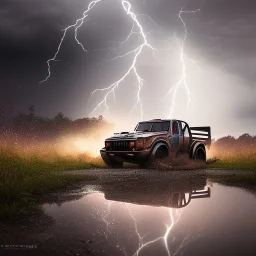 hyperrealistic shot, off-road truck, speeding, earth color palette, sharp focus, puddle reflection, tire water splash, refraction, rain and lightning on the horizon, shadowcast, detailed and intricate, cinematic composition, tilt shift photography