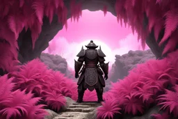 [fractal art: Mandelbulb 3d] seen from outside: a stone samurai from below at the entrance of a circular cave surrounded by a fractal field of thousands of pink ferns of all sizes, everywhere everywhere on the image
