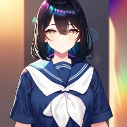 Clear Focus, High resolution, girl wearing a sailor uniform, rainbow eyes, medium hair length, black hair with a gradient of rainbow