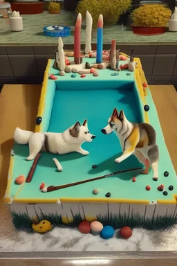 Birthday cake topped with a pool table, apricot tree and a husky dog