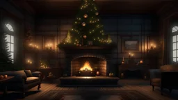 darkness,photoreal, a majestic Christmas tree fireplace in the big living room