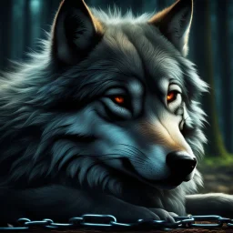 sad small scruffy wolf with a chain around its neck laying down eyes closed, photorealistic, 4k, dark fantasy, forest